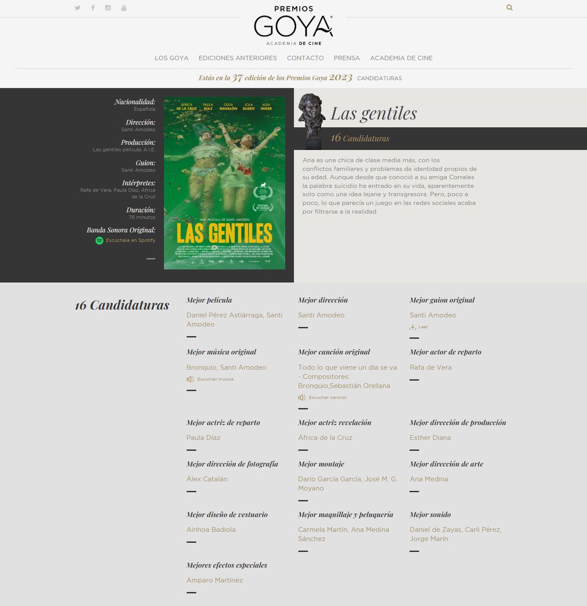 A pocos días de conocer las nominaciones a los <a href="/PremiosGoya/">Premios Goya</a>, #LasGentiles puede sumar hasta 16 candidaturas. Tras estar en <a href="/festivalsevilla/">Festival Sevilla</a> <a href="/TallinnBNFF/">Tallinn Black Nights FF</a> <a href="/SEMINCI/">SEMINCI | Festival de Cine</a> o <a href="/Nuevocineandalu/">Nuevo cine andaluz</a> y las buenas críticas recibidas, lograr alguna sería la guinda ¿Nos ayudas a llegar aún más lejos?