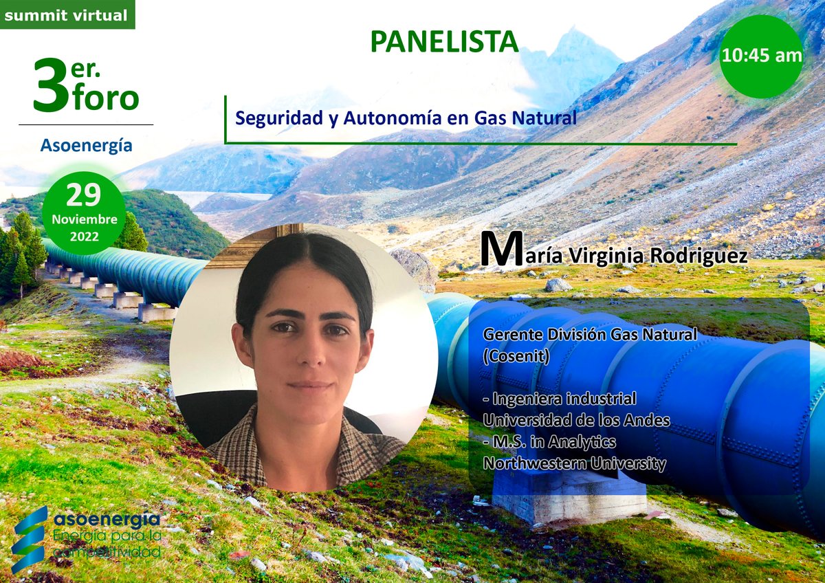 asoenergia's tweet photo. #foroasienergia | Maria Virginia Rodriguez de @COSENIT  estará en nuestro panel "Seguridad y Autonomía en Electricidad"
🗓️29 de nov
📌virtual 
⌚️8:00 am
Inscríbete gratis👇https://t.co/pq9oOpObO2
@MinAmbienteCo 
@ECOPETROL_SA 
@Holcim 
@CMEColombia 
@campetrol 
@ColombiaEiti https://t.co/MWfEV0an1r