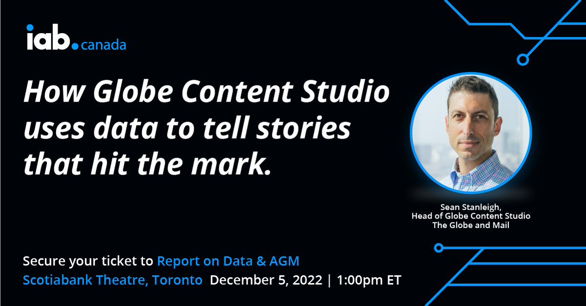 iabcanada's tweet image. Join Sean Stanleigh from @GlobeContent, to get a better understanding of the back-end of top-performing stories and what&apos;s to come in 2023. Get your ticket NOW! hubs.ly/Q01s_g3b0

#ReportonData #IABCanada