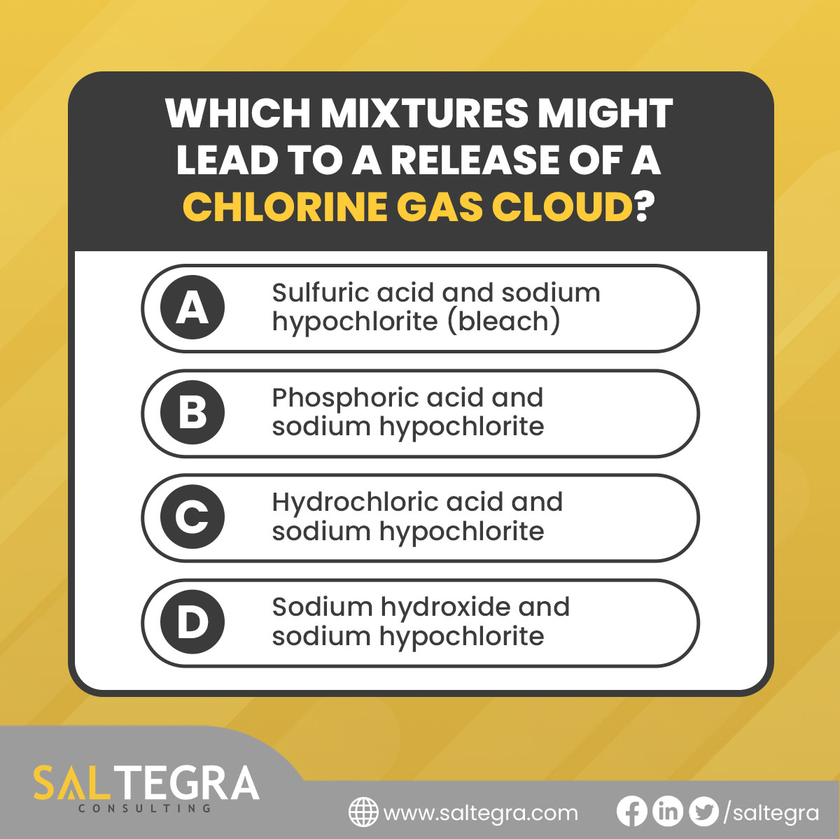 Ready to end your week with a pop quiz? Share your answer and explanation down below!

Check out this list for more information about chemicals that should not be stored or mixed together: bit.ly/3D3szql.

#SaltegraConsulting