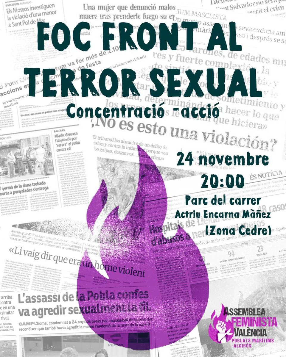 CGTPViM's tweet photo. València:

Dijous 24N

20h Concentració“Foc front al terror sexual” Parc del C/ Actriu Encarna Màñez

Divendres 25N

17h. Velada per l’eliminació de la violència contra les dones. Jardí de Berta Cáceres

19:30 Mani “25N Dones vives i unides contra el masclisme”. Porta de la Mar https://t.co/aXSvC2Y1sM