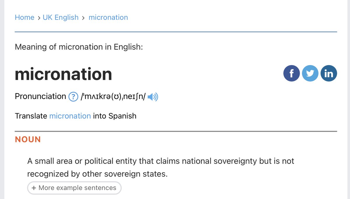 Fun fact we learned yesterday: 'micronation' is actually listed in two major dictionaries—Collins English Dictionary, published by HarperCollins, and Lexico, published by Oxford University Press. (Pictured is the entry on Lexico)