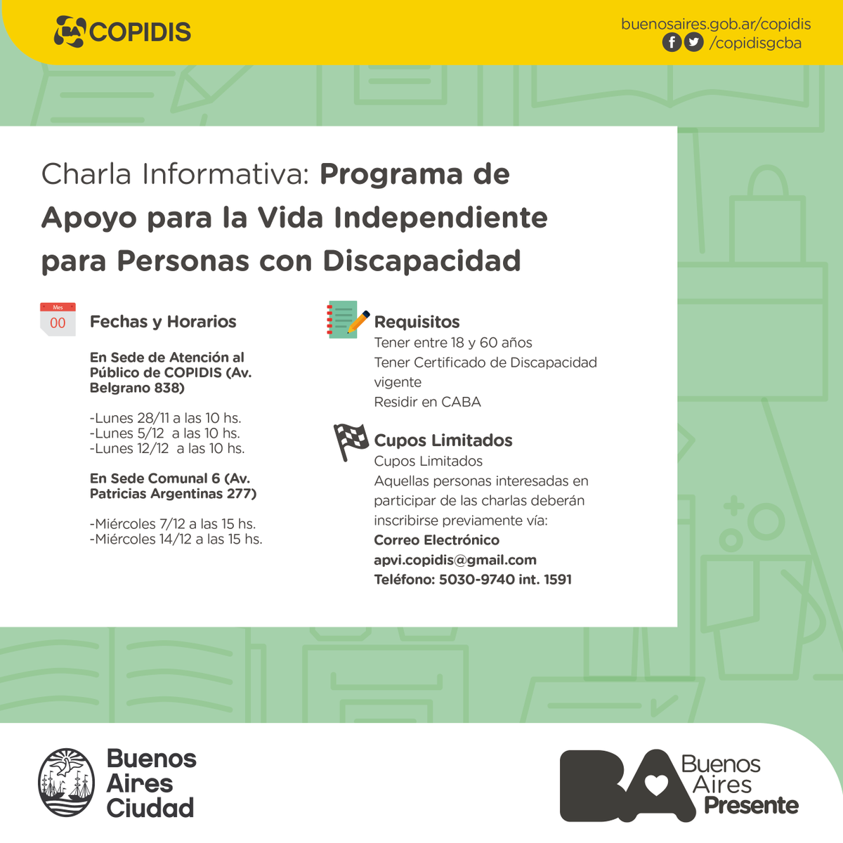copidisba's tweet photo. Te invitamos a participar de las charlas informativas del Programa de Apoyo para la Vida Independiente para Personas con Discapacidad.
📅 Fechas y Horarios:
#COPIDIS #BA #APVI https://t.co/DRzmMlem8g