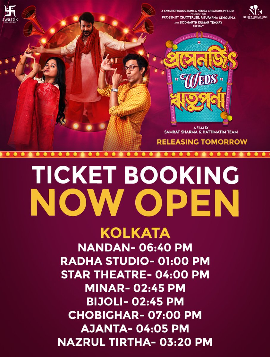 #ProsenjitWedsRituparna in cinemas tomorrow. Book your tickets now: bit.ly/PWR_TicketsBMS

@ProsenjitChatterjee @RituparnaSengupta #IpsitaMukherjee @RishavBasu #SamratSharma #SiddharthKumarTewary #RahulKumarTewary #GayatriGill #ManasiSinha #AbhijitGuha #ReshmiSen #BhadraBasu