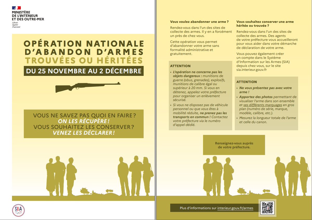 J-1⃣ avant le début de l’opération d’abandon simplifié d’armes à l’État organisée par <a href="/Interieur_Gouv/">Ministère de l'Intérieur</a>

Retrouvez les 4 points de collecte dans le Maine-et-Loire pour vous dessaisir de vos armes et munitions, sur simple présentation d’une pièce d’identité➡️
bit.ly/3XlwGGb