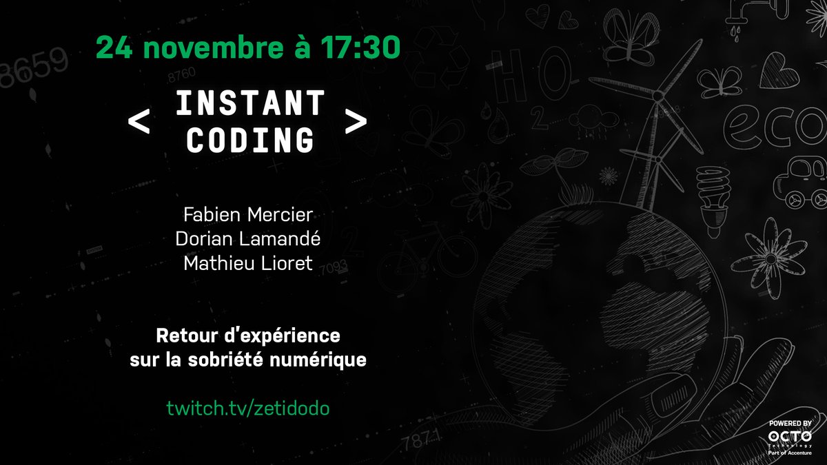 dorianlamande's tweet photo. 🔴 <Instant Coding> est live!

On vous parle sobriété numérique avec Fabien aka @NerOcrO et Mathieu 

💬 ∣ Rejoignez nous et posez toutes vos questions sur https://t.co/N81XLzyFMc

@OCTOTechnology  #InstantCoding https://t.co/azlYJRIcdV