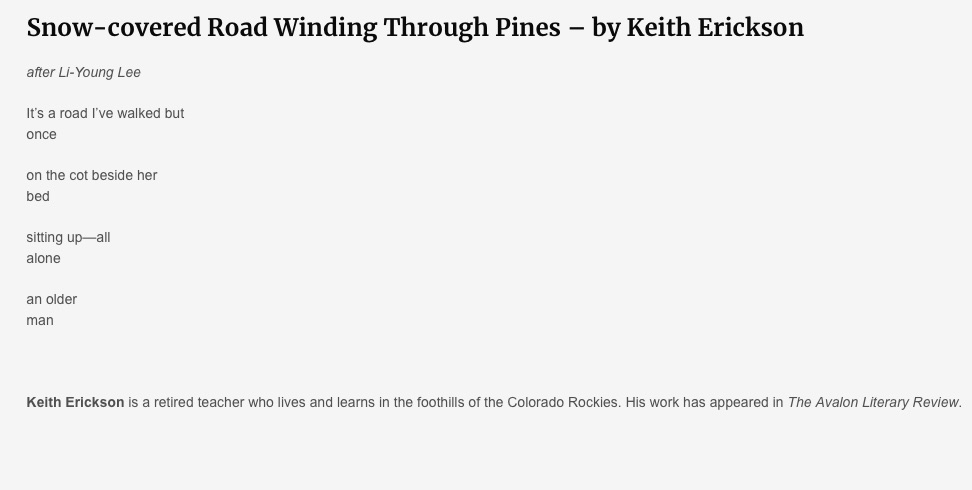 We wish you peace, on this holiday weekend. Here's a lovely poem by Keith Erickson from our recent Issue Nine. "Snow-Covered Road Winding Through Pines.  Read more from our Issue Nine at rockvalereview.com/.../snow-cover…
