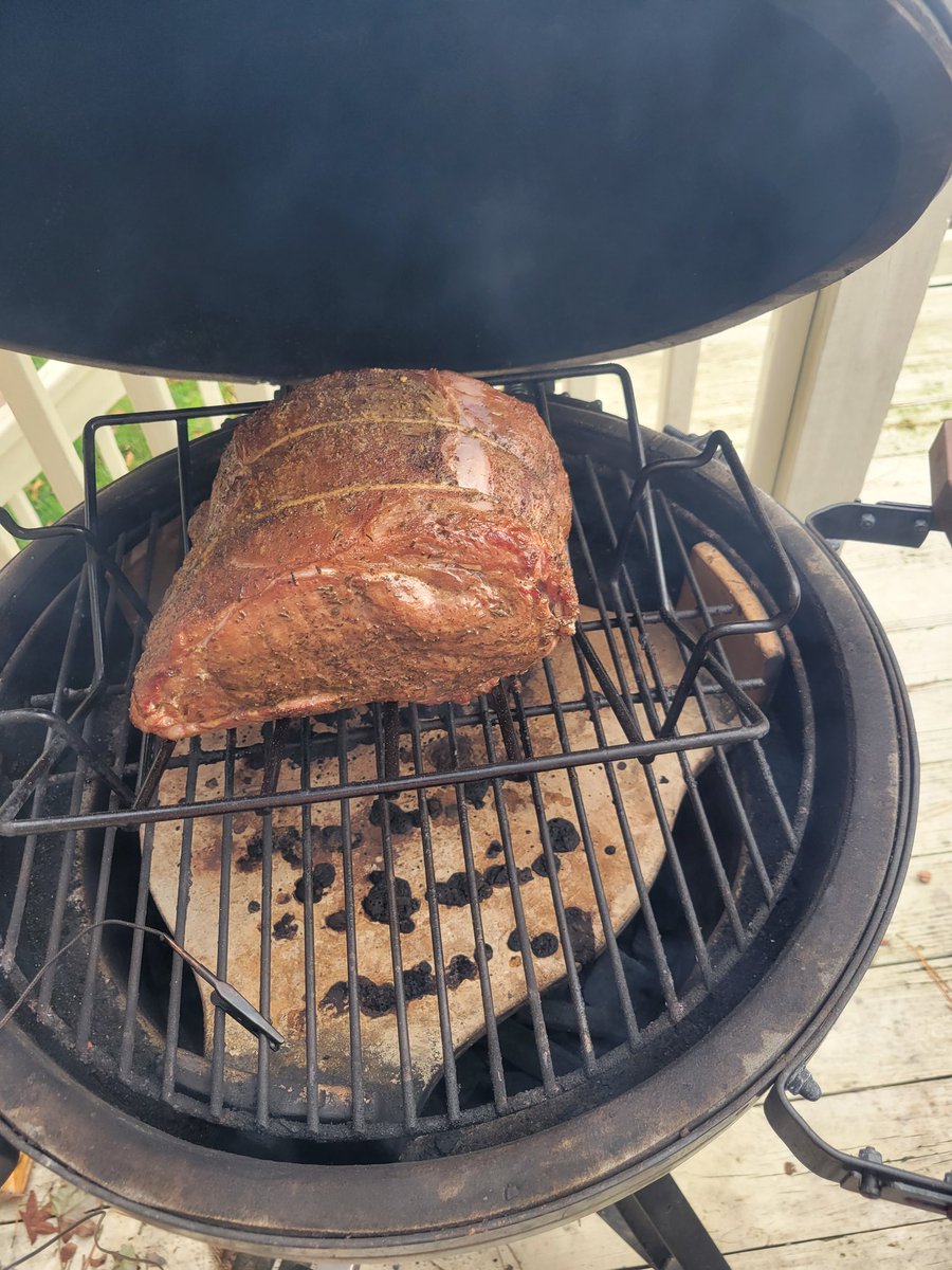 CoachRock73's tweet photo. If turkey was any good, we'd eat it more than once a year. Rib roast cooking on the Big Green Egg, a ham smoking on the pellet grill, and a bourbon peach glaze reducing on the stove. #birdless https://t.co/e28k36dCEJ