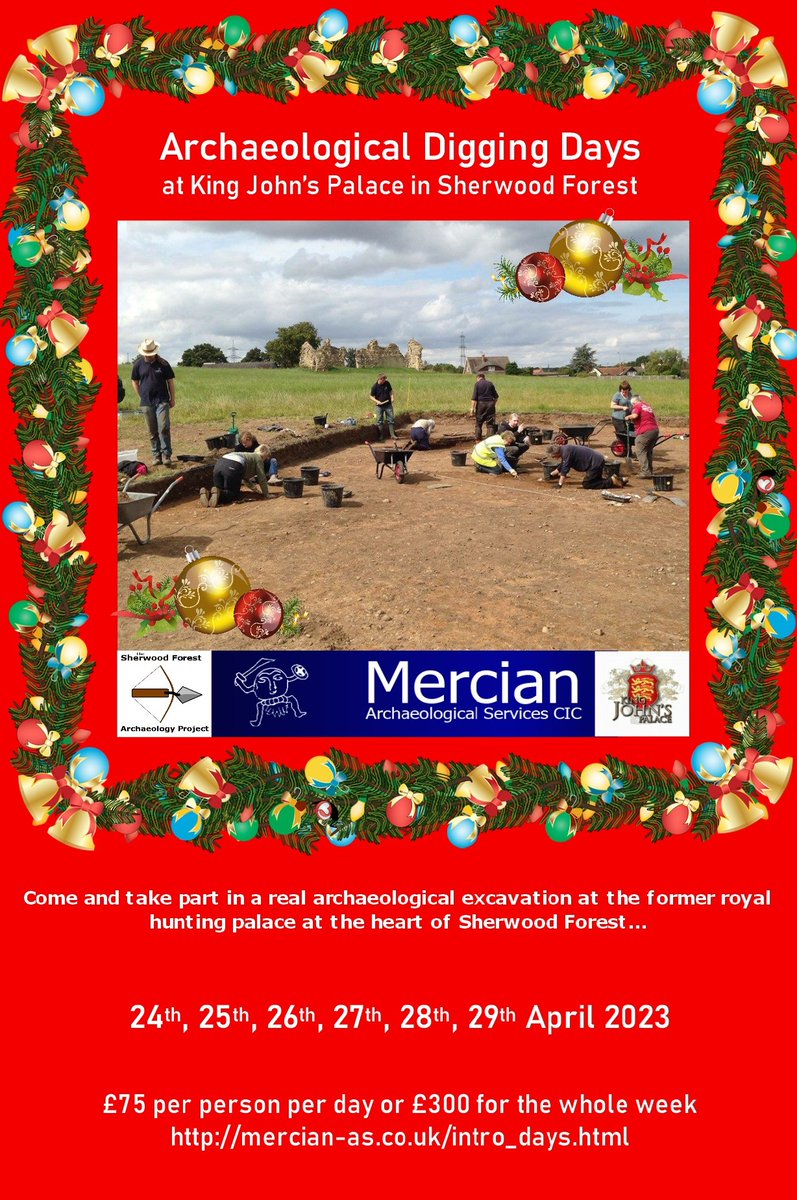 The perfect Christmas gift for the budding Archaeologist in your life!
Why not treat them to an Archaeological Experience Day (or days), <a href="/KingJohnsPalace/">King John's Palace, Sherwood Forest.</a> in #SherwoodForest!
24, 25, 26, 27, 28, 29 Apr 2023
£75pp/per day or all week £300.
mercian-as.co.uk/intro_days.html