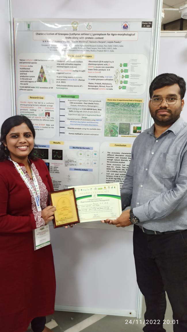Our PhD students received best poster awards in #NCPGRM22. Both of them are working on grasspea <a href="/grasspeanet/">Grasspea</a> in their PhD program at IARI, New Delhi. I hope their results will enlighten #grasspea researchers globally. <a href="/RamyaRamasamy18/">Ramya KR/Gokila Devi</a> <a href="/shankarsDNA/">Shankar Bally</a> <a href="/surendrabarpete/">surendra barpete</a> <a href="/ICARDA/">ICARDA</a>