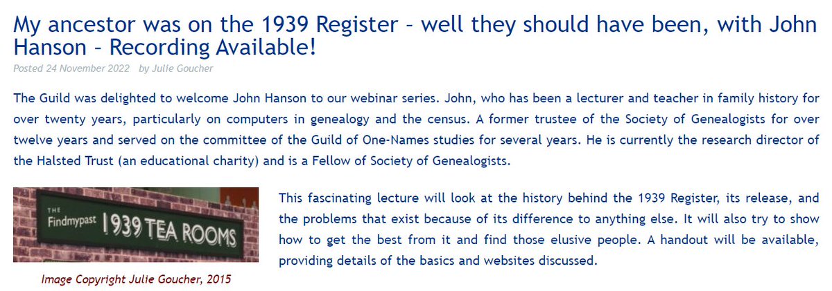 GuildOneName's tweet photo. The recording of our webinar with John Hanson on the 1939 Register is now available on the Guild website. It is available to non-members until 31 December and will default to members only from 1 January 2023 https://t.co/Dll3Drjt97 #1939Register https://t.co/mRTGJI07fv