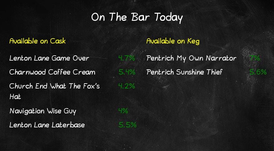 On the bar today!
Beer Board: bit.ly/2YuNH0O

<a href="/lentonlane/">Lenton Lane Brewery</a> <a href="/charnbrew/">Charnwood Brewery</a> <a href="/churchendbeer/">Church End Brewery</a> <a href="/NavigationAles/">Navigation Brewery</a> <a href="/PentrichBrewing/">Pentrich Brewing Co</a> #LoughboroughCAMRA
#RealAleFinder