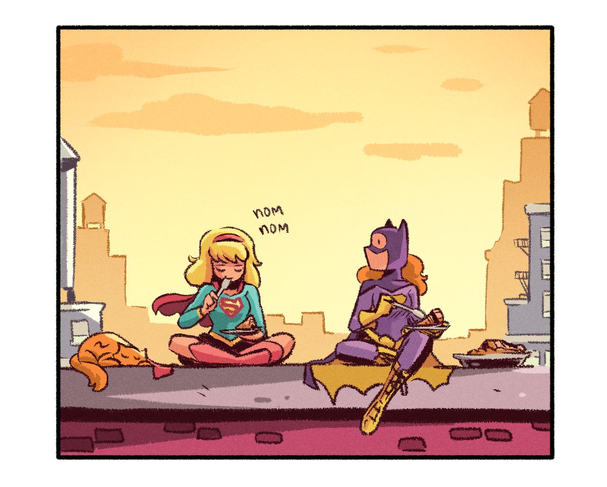 mikemaihack's tweet photo. 🥧 (a batgirl supergirl comic sliced into five parts) https://t.co/jAR3pTJErR