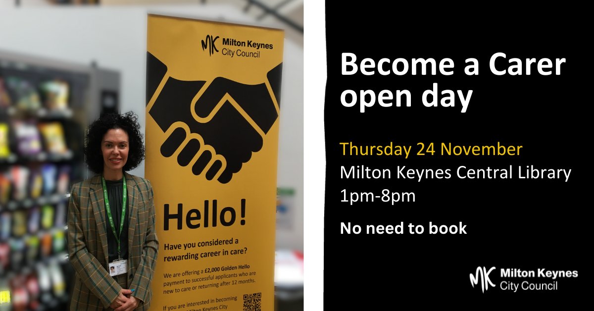 mkcouncil's tweet photo. Could a career in care be right for you?
Come speak to our team of professionals today at the Central Library to learn more about the opportunities available. The team will be available until 8pm, no need to book. https://t.co/4GXTVUgIID