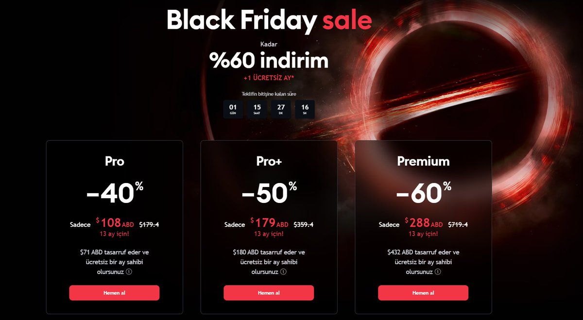 .<a href="/tr_tradingview/">TradingView Türkiye 🇹🇷</a> 'den Black Friday kampanyası.

3 kişiye 1 yıllık Premium, Pro+ ve Pro paketleri hediye.

Sizlere özel hazırlanmış fırsattan faydalanmak için;

* Takip <a href="/tr_tradingview/">TradingView Türkiye 🇹🇷</a> - <a href="/JW3Community/">Just Trade</a> 
* Rt.

Sonuçlar Cuma günü akşam açıklanacaktır 🍀