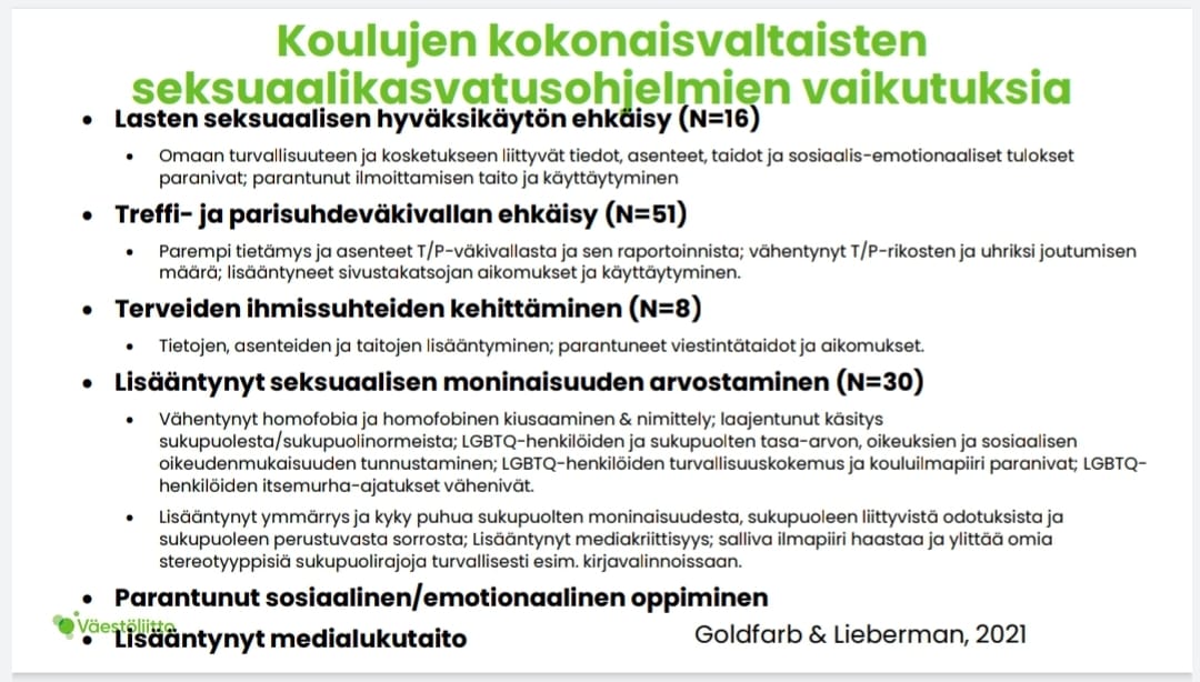 Kokonaisvaltaisella seksuaalikasvatuksella tutkitusti erinomaiset vaikutukset turvallisuuteen ja hyvinvointiin. Sisällöt oltava ja tarjottava koko opinpolun ajan! Kiitos 
<a href="/SaaraHyrkko/">Saara Hyrkkö</a> 
<a href="/Vaestoliitto/">Väestöliitto</a>  
<a href="/riikkaukoranta/">Riikka Kaukoranta</a>
  #seksuaalikasvatus #kehotunnekasvatus #seksuaalioikeudet