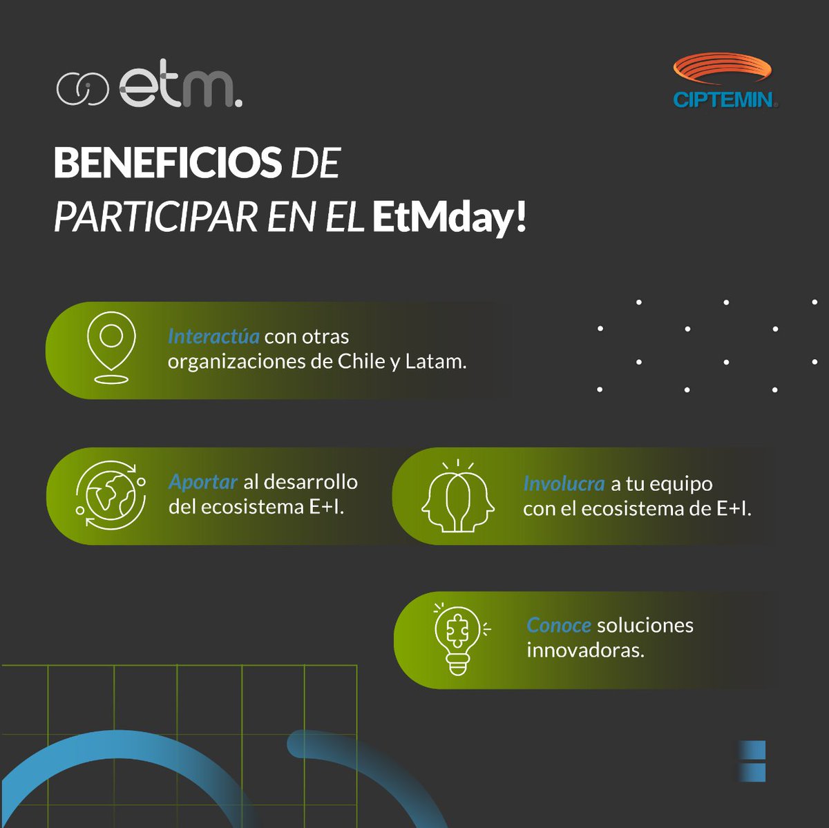 ¡Inscríbete y sé parte del Encuentro Internacional de Emprendimiento e Innovación, EtMday Santiago 2022 los días 15 y 16 de diciembre!
El evento es gratuito, registrarte en my.mtr.cool/tvankppcsd 👈

#emprendetumente #etm #etmday #emprendedores #emprender #etmdaysantiago