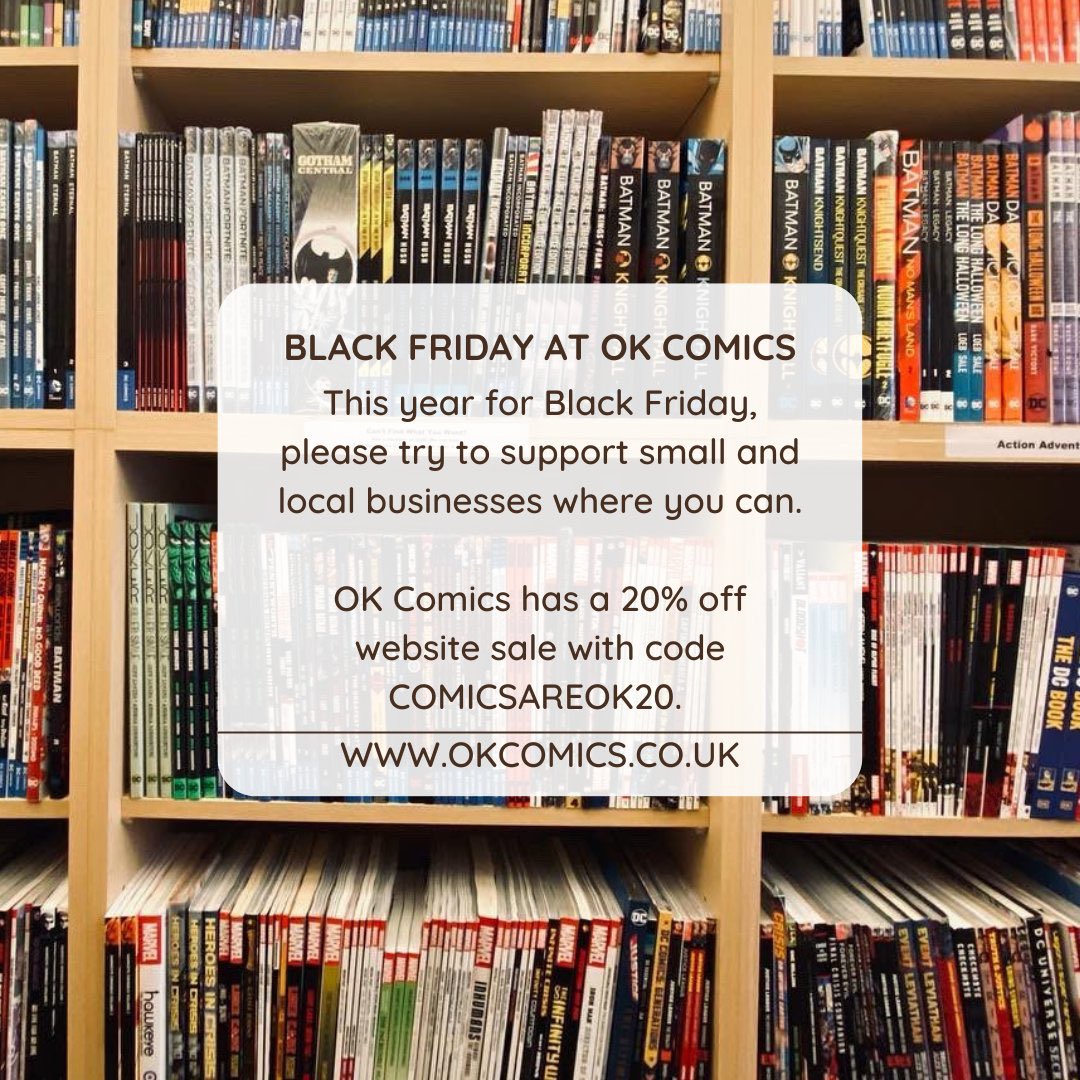 DanielleTute's tweet photo. The @OKComics Black Friday website sale goes live tonight at MIDNIGHT!

Use code COMICSAREOK20 for 20% off your orders. 

https://t.co/C2W26KiQA4

Shop small as much as you can this weekend, these guys need it the most. But also, don’t feel pressured to spend if you can’t. 💕 https://t.co/oLtTyNiHvu