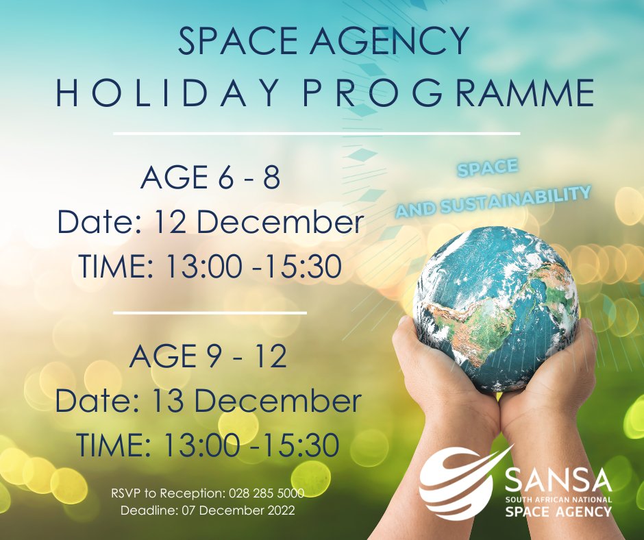 SANSA7's tweet image. Are you looking for fun and educational activities for your kids during the holiday? Will you be in Hermanus on 12 and 13 December? Then book a spot for your kids at the Space Agency Holiday Programme by calling 028 285 5003. Hosted at the SANSA Science Centre in Hermanus.