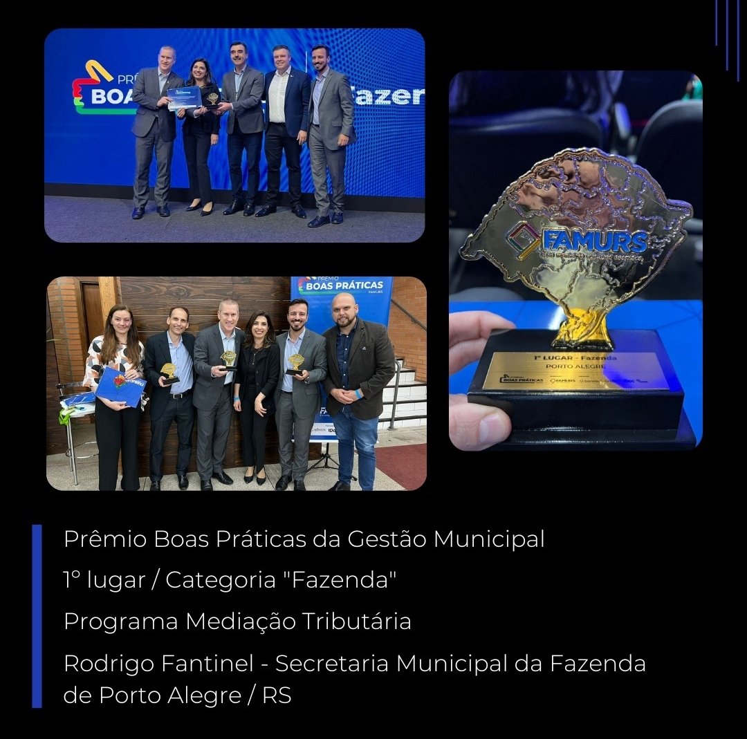 Abrasf's tweet photo. 🏆O vice-presidente da Abrasf, RodrigoFantinel, por meio da Secretaria da Fazenda de POA, venceu o 4º Prêmio Boas Práticas da Gestão Municipal, promovido pela @Famurs. O Troféu Ouro foi conquistado na área de Fazenda, com o Programa Mediação Tributária. https://t.co/xyQFLrHr3w