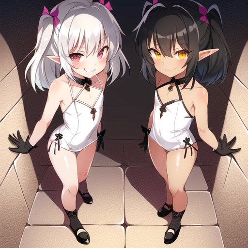 最下層に金銀財宝が眠ると呼ばれる古代のメスガキトラップダンジョンを探索中の冒険者が出くわした、冒険者に「お兄さ〜ん」って甘えながら寄りかかっての耳舐め羞恥言葉責めを得意とする手コキ搾精型メスガキモンスターの姉妹をaiくんに描いてもらった 