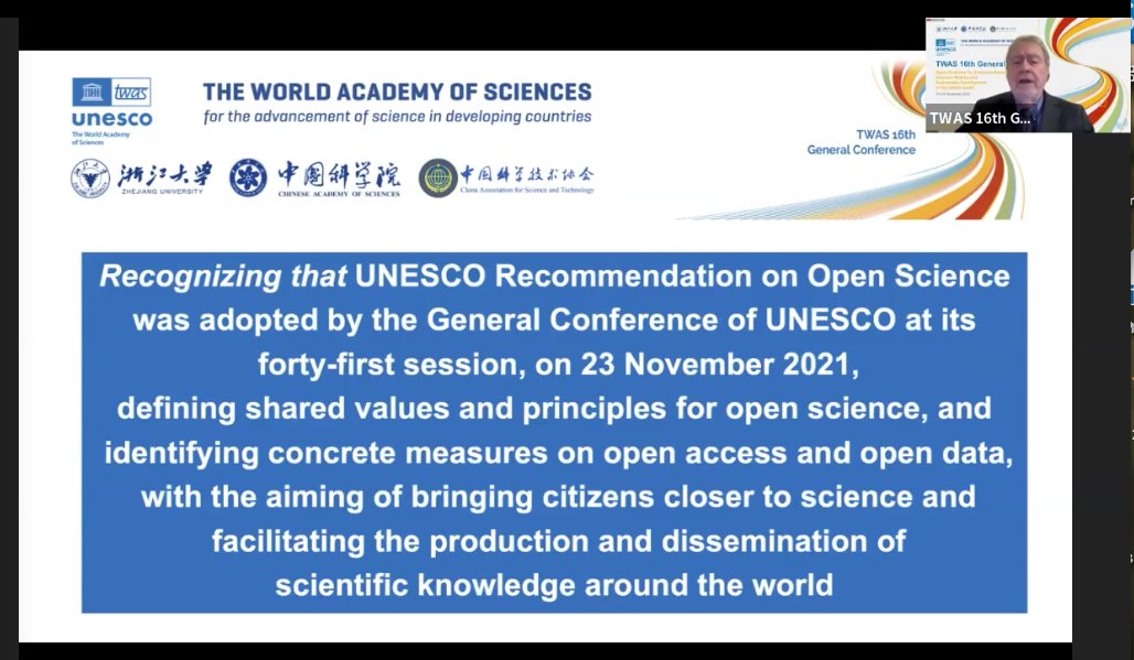 TWASnews's tweet photo. The Hangzhou Declaration of the TWAS 16th General Conference is not being read by TWAS Secretary General Luiz Davidovich. Among the points highlighted is that TWAS has long put basic sciences at the centre of its strategy through its fellowship and grant programmes. #TWASConf https://t.co/m12m1qy818