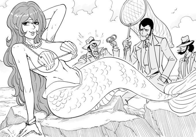 Patreon request:
Mermaid Mine Fujiko.
I was watching Lupin III seasons while drawing this, and got to thinking how sexless they had to make him to keep it in the kid-safe PG range. It's also the power of Miyazaki &amp; The Castle of Cagliostro. (Manga Lupin is... yeah...) 