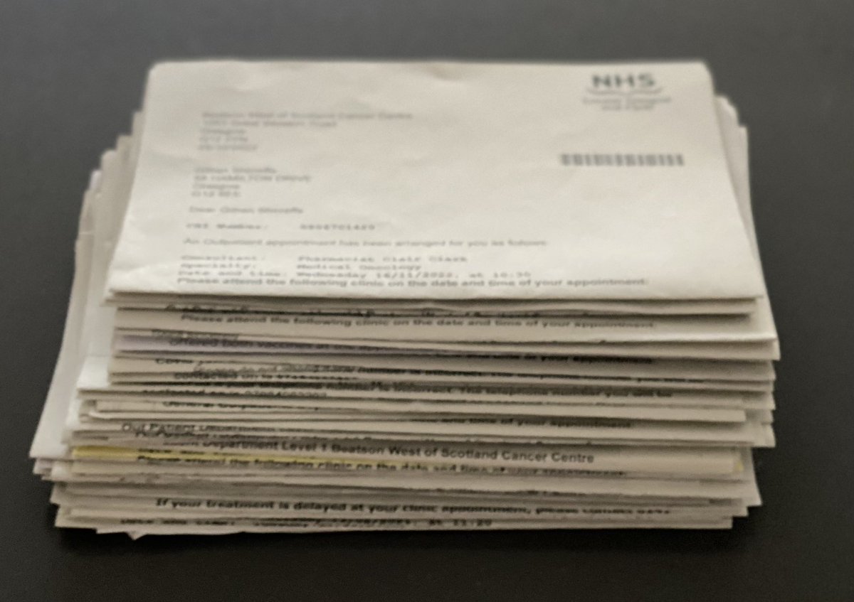 SunshineScot's tweet photo. I’ve been doing some prep for a virtual WIP event next week, so have been attempting to get my artefacts of illness into some semblance of order, including the 64 hospital letters I’ve received since July 2021. #TalkingObjects https://t.co/0qZb1OtmzK