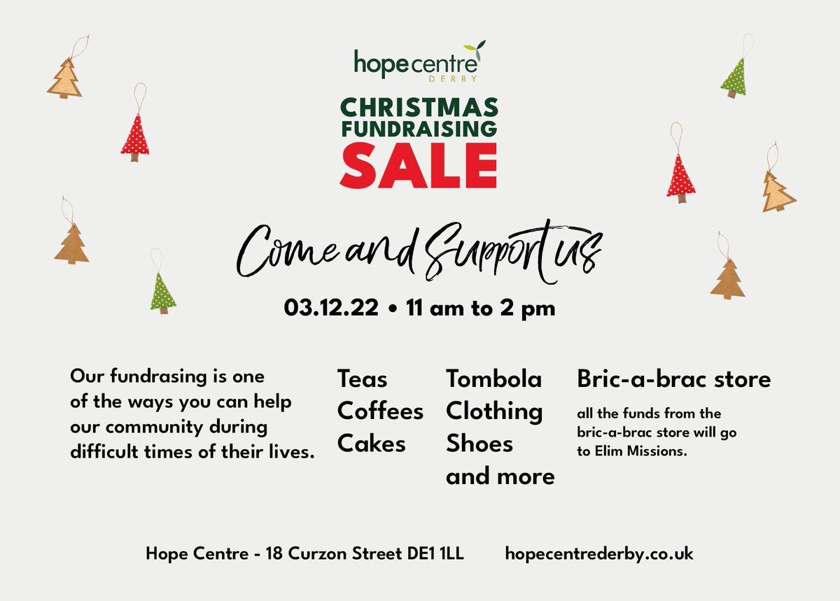 Hope Centre Christmas Sale! Come and support us! It will be on the 3rd of December, a Saturday, from 11 am to 2 pm.