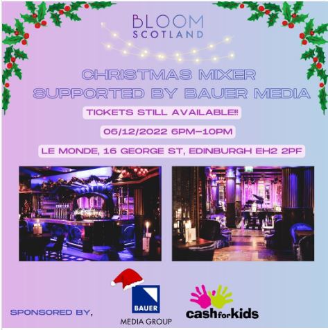 BloomScotland's tweet image. There are still tickets available for our Christmas Mixer supported by Bauer Media. If you’re free on the 6th of December be sure to get your tickets from the link in our bio 💙 #bloomscotland #togetherwebloom #womensupportingwomen