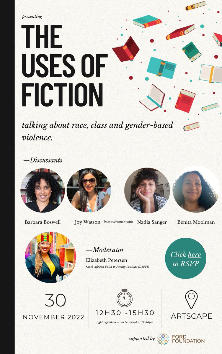 UCT_GC's tweet photo. Join us as we discuss “The uses of fiction: talking about race, class and gender-based violence” with @bobbiboswell @Joy___Watson @nadiasanger @BenitaMoolman 

Moderated by: @ElizabethP_5Jan

Click here to RSVP: https://t.co/nwgDGHF6nt https://t.co/Wm75qS1a28