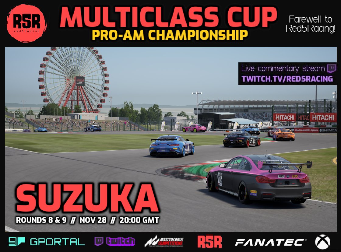 red5racing_'s tweet photo. The poster for our final event next week🏁🇯🇵

🟥⬛️ We're ready to go again one last time at Suzuka - these races are open to all license holders so get yourself checked in to race and let's sign off in style 🔥 https://t.co/fn3Z3uedyI