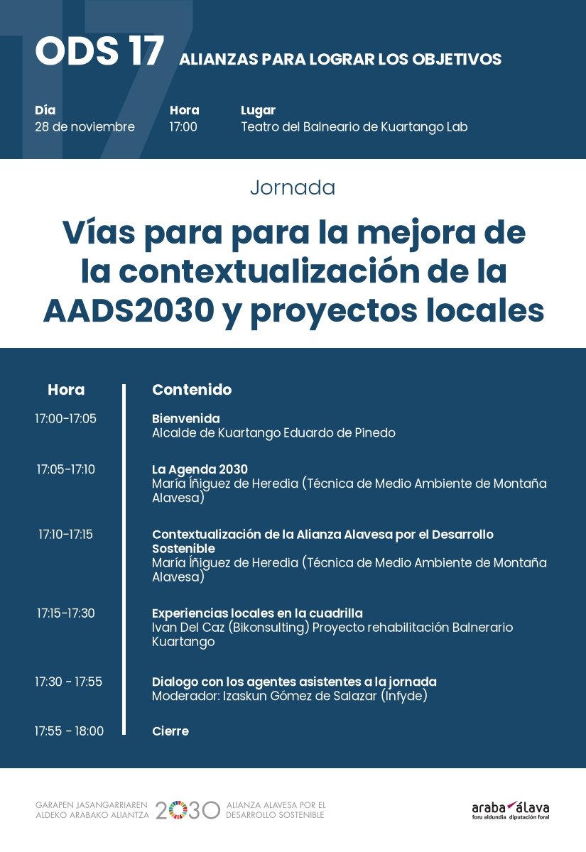 El próximo lunes, 28/11, a las 17:00 h. en el Teatro del Balneario de Kuartango se hablará de los ODS, Objetivos de Desarrollo Sostenible y de cómo conectarlos con proyectos locales. De la mano de la Alianza Alavesa por los ODSs y <a href="/Araba/">Arabako Foru Aldundia | Diputación Foral de Álava</a> Inscripción: odsaraba.online/formulario-ins…