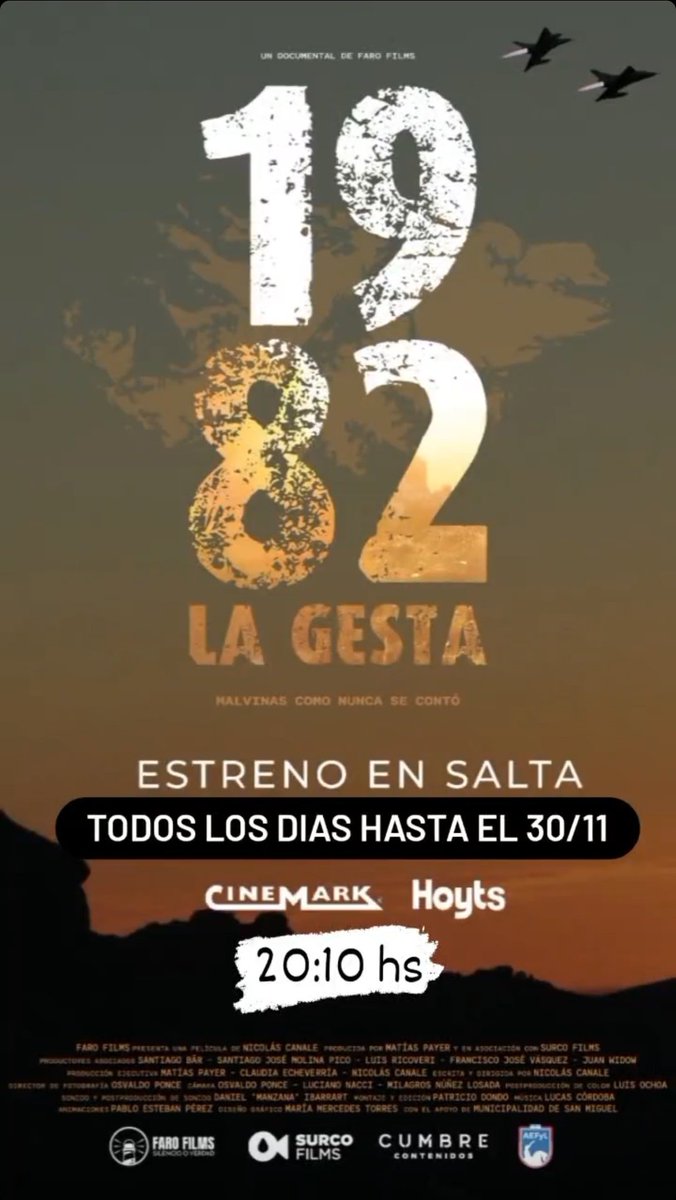 UNA SEMANA MÁS!! 
1982 LA GESTA queda en cartelera en el Hoyts de #Salta hasta el 30/11 !
Saquen sus entradas anticipadas en la web del cine porque la peli viene llenando funciones!!!
Gracias por el RT!❤️🇦🇷😀🎞
#MalvinasNosUne
<a href="/FaroFilmsOk/">Faro Films</a>
<a href="/CES_salta/">CES - Salta</a> <a href="/NicoFilmmaker/">Nico Canale</a> <a href="/matiasnpayer/">Creativo Compulsivo</a>