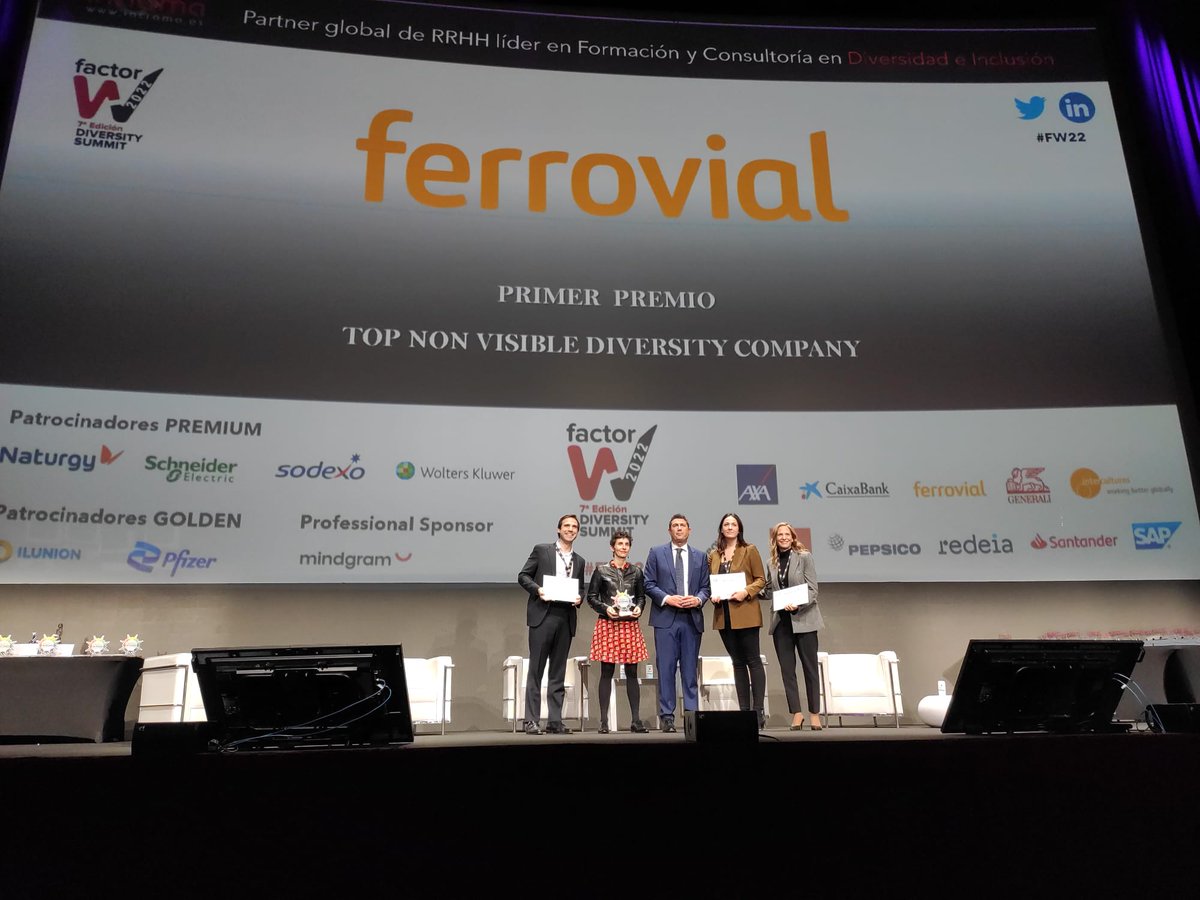 🤲🏆 Thank you <a href="/Intrama_es/">Intrama</a> for awarding us the first prize in the Top Non -Visible Diversity Company category, a recognition of the work developed to promote an inclusive culture in Ferrovial. 
💪This award is a motivation to continue on this path.