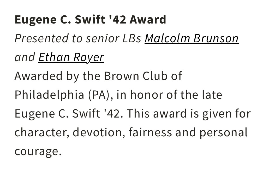 hdvfootball's tweet photo. Congrats to alum @eroy014 for being awarded the Eugene C Swift ‘42 Award during the @BrownU_Football awards night. Capping off a great career for Brown! 

#EverTrue X #GoCats https://t.co/5lXGaegOyZ