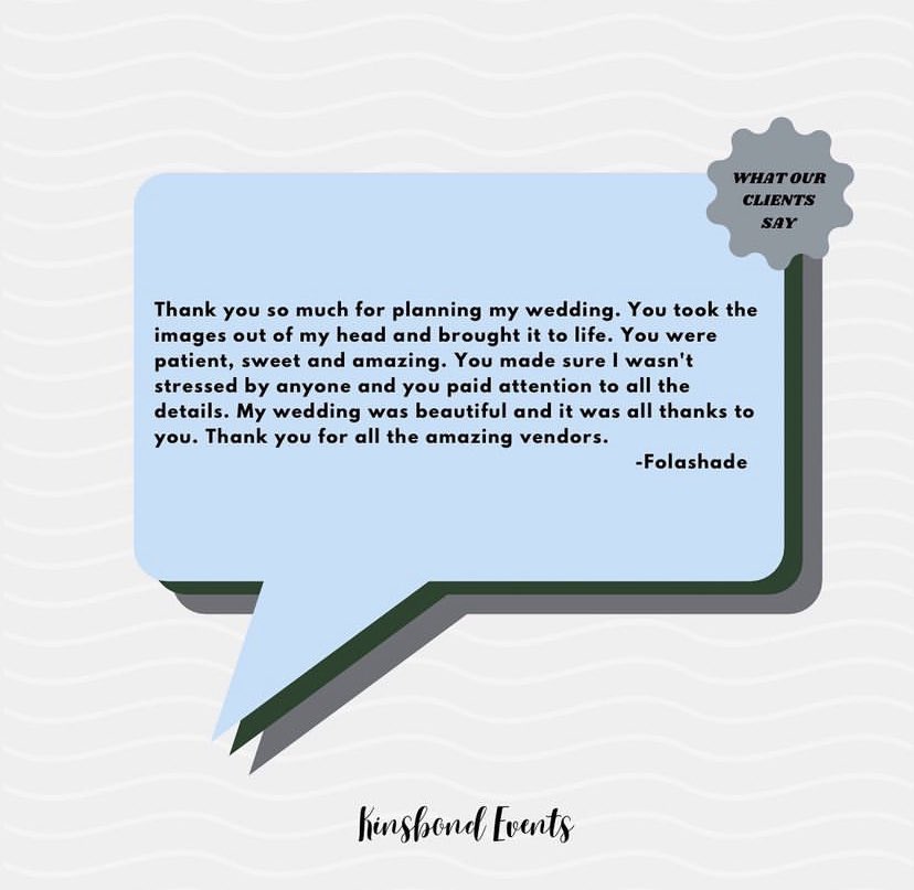 Kinsbond_events's tweet photo. Folashade and Ayodunni made the planning very seamless. We definitely loved planning #LovedAF.
We had fun all through, from the planning to the partyyy. There was no dull moment with them.
This is what the #LovedAF had to say about our service. #happilyeverafter #kinsbondcouple https://t.co/DydmDOo9yQ