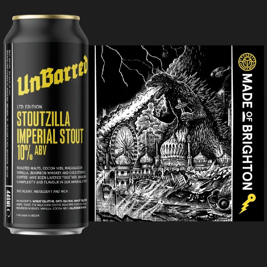 Today Stoutzilla awakens 🌅 We'll be stocking cans as well as other Unbarred in package, and have even nabbed a spesh Old Ale in cask 😮 Stoutzilla was one of the 1st brews made by founder Jordan, back in 2014, out of the shed he was first releasing the beers & brand from.
