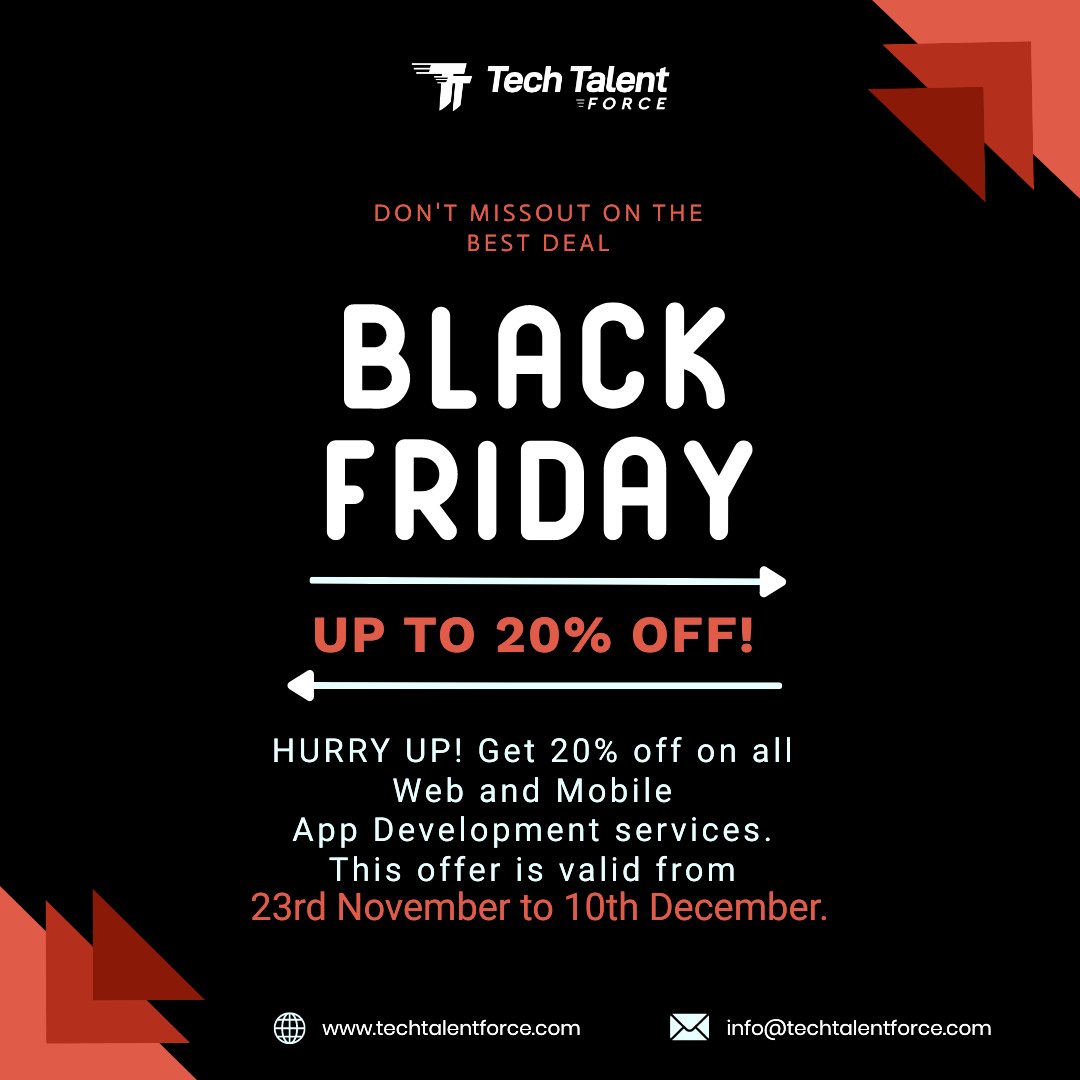 TechTalentForce's tweet image. Black Friday is coming! 

Get 20% off on all Web and Mobile App Development services. The promotion runs from 23rd November to 10th December.!

#blackfriday2022 #techtalentforce #blackfridaysales #scrumcertifiedteam #agilemethodologies #webdevelopment #offshore #outsourcing