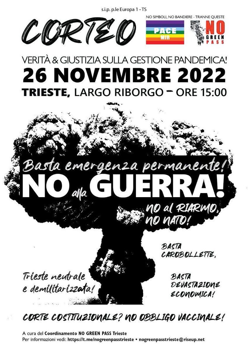 studentinogpUD's tweet photo. Lo scorso settembre 2021 nasceva il Coordinamento No Green Pass di Trieste.
Il 30 novembre la Corte Cost. si pronuncerà sugli obblighi vaccinali.
Per questi motivi SABATO 26 NOVEMBRE DALLE 15, manifestazione CON PARTENZA DA LARGO RIBORGO. https://t.co/GjGxqwHCQA