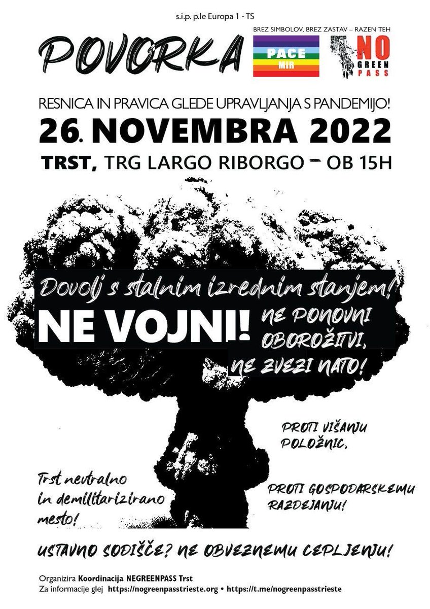 studentinogpUD's tweet photo. Lo scorso settembre 2021 nasceva il Coordinamento No Green Pass di Trieste.
Il 30 novembre la Corte Cost. si pronuncerà sugli obblighi vaccinali.
Per questi motivi SABATO 26 NOVEMBRE DALLE 15, manifestazione CON PARTENZA DA LARGO RIBORGO. https://t.co/GjGxqwHCQA
