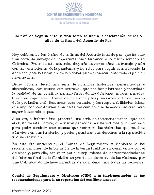 ComisionVerdadC's tweet photo. Hace 6 años la guerrilla más grande y antigua del mundo puso fin a un conflicto armado que se extendió por más de 50 años en Colombia. El Comité de Seguimiento y Monitoreo a la implementación de las recomendaciones de la CEV se une a la celebración de la firma del acuerdo de paz. https://t.co/AhU1k3Omif
