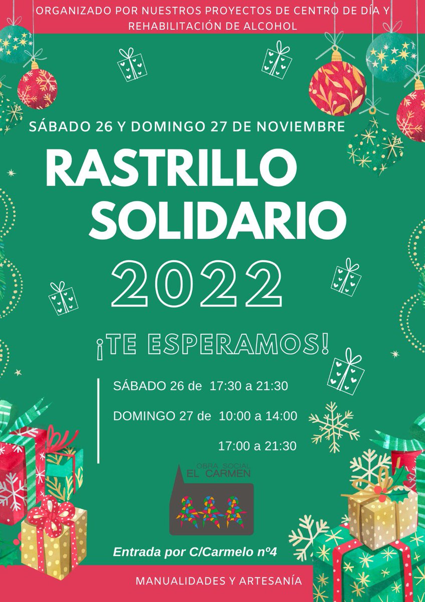 Este fin de semana la Obra Social del Carmen ha organizado un #rastrillosolidario en la parroquia donde podrás hacer tus compras navideñas con las manualidades y artesanías de los usuarios de los proyectos del centro de día y de rehabilitación de alcohol. ¡Te esperamos!