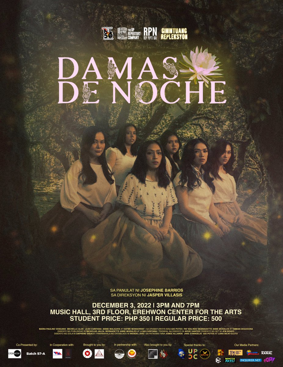 “Kilala ko ang aking katawan at ipinagkakapuri ko ito.”

Inihahandog ng The UP Repertory Company mula sa produksyong "Ginintuang Repleksyon" ang

DAMAS DE NOCHE

Sa panulat ni Josephine Barrios
Libretto ni Romulo Baquiran, Jr. 
Sa direksyon ni Jasper Villasis