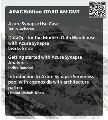 datatoboggan's tweet image. Join us tomorrow for our mini conference of short talks
Register for Alpine Coaster APAC Edition 7:30 AM GMT Friday 25 November
meetup.com/data-toboggan/… Speakers are:
Tarum Acharya
Lace Lofranco
Indira Bandari
Usama Wahab Khan
#azuresynapse @Azure_Synapse #AzureDataCommunity
