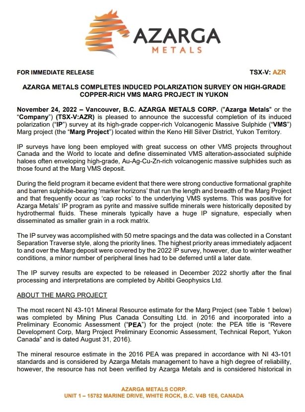 AzargaMetals's tweet photo. We've completed the induced polarization geophysical survey at our Marg copper-rich VMS project! - Results expected in December!

#copper #gold #zinc #silver $AZR $AZR.V https://t.co/2PgLU6tIPj