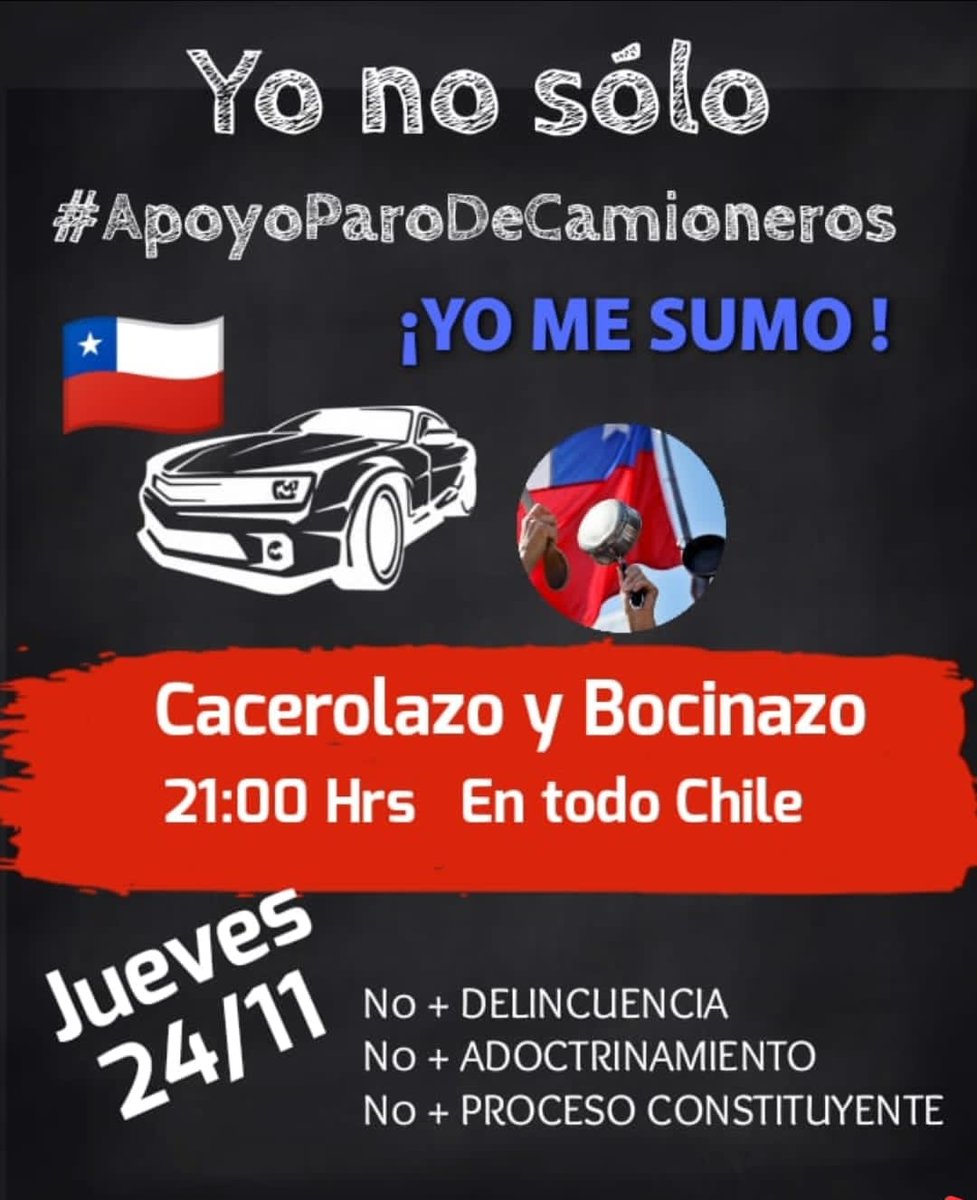TERE_LAprofe73's tweet photo. ATENTOS TODOS !!!
ESTO YA PARTIO !!!!
TUITAZOOOO , APOYO EN LAS CARRETERAS ,  CACEROLAZO Y  BOCINAZO HOY 24 A LAS 21 HRS .
SUMATE Y DIFUNDE POR CHILE !!
QUE CORRA !!!
#ApoyoParodeCamioneros https://t.co/ndIuZgKUFZ