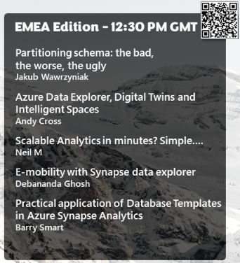 datatoboggan's tweet image. Join us tomorrow for our mini conference of short talks
Register for Alpine Coaster EMEA Edition 12:30 PM GMT Friday 25 November
meetup.com/data-toboggan/…
Speakers are:
Jakub Wawrzyniak
Andy Cross
Neil M
Debananda Ghosh
Barry Smart
#azuresynapse @Azure_Synapse #AzureDataCommunity