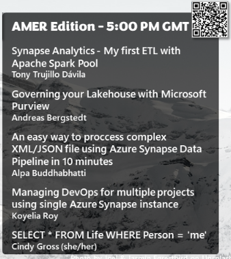 datatoboggan's tweet image. Join us tomorrow for our mini conference of short talks
Register for Alpine Coaster AMER Edition 5:00 PM GMT Friday 25 November
meetup.com/data-toboggan/…
Speakers are
Tony Trujillo Davila
Andreas Bergstedt
Alpa Buddhabhatti
Koyelia Roy
Cindy Gross
#azuresynapse @Azure_Synapse