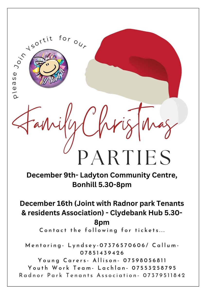 Ysortit Family Xmas Parties 🎅🏻🎄🎉 9th &amp; 16th December in Bonhill &amp; Clydebank!
Music, Food, Games &amp; Prizes🤩
Please get in touch for tickets 📞#Christmas #PartyTime #FamilyEvent